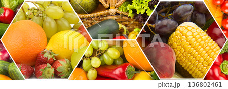 Vibrant Assortment of Seasonal Produce in Hexagonal Pattern 136802461