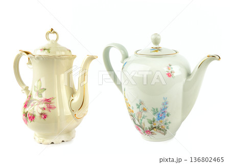 Two Antique Ceramic Coffee Pots with Elegant Flower Design 136802465