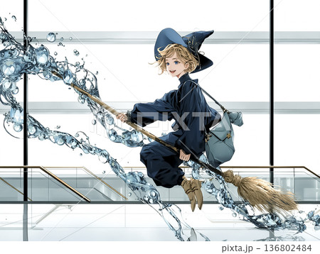 都市を駆ける笑顔の魔女イメージ｜ビル街を飛ぶファンタジー少女イラスト素材 136802484