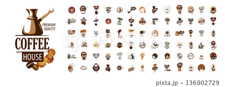 A large set of vector coffee logos. Ideal for packaging, coffee shops and coffee production A large set of vector coffee logos. Ideal for packaging, coffee shops and coffee production 136802729