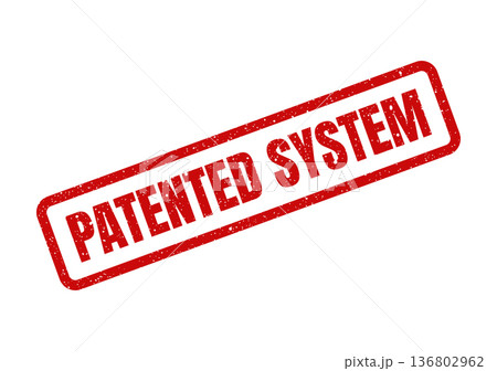 Distressed red grunge stamp prominently displaying the powerful words Patented System for unique operational designs Distressed red grunge stamp prominently displaying the powerful words Patented System for unique operational designs 136802962