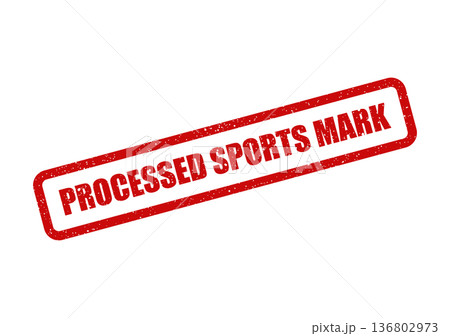 Distressed red processed sports mark stamp for official athletic event identification or team branding 136802973