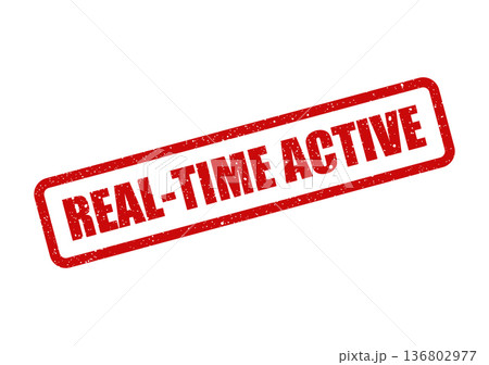 Distressed red real time active stamp with rectangular frame and grunge effect overlay 136802977