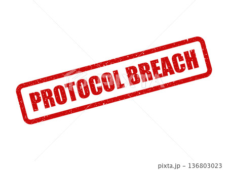 Distressed red rectangular rubber stamp illustration displaying the urgent message PROTOCOL BREACH Distressed red rectangular rubber stamp illustration displaying the urgent message PROTOCOL BREACH 136803023