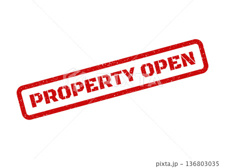 Distressed red rectangular rubber stamp illustration with the prominent bold text PROPERTY OPEN for real estate viewings Distressed red rectangular rubber stamp illustration with the prominent bold text PROPERTY OPEN for real estate viewings 136803035