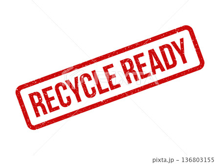 Distressed red rectangular stamp with the words RECYCLE READY signaling preparation for processing materials Distressed red rectangular stamp with the words RECYCLE READY signaling preparation for processing materials 136803155