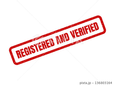 Distressed red rubber stamp confirming official registration and a fully verified status process 136803164
