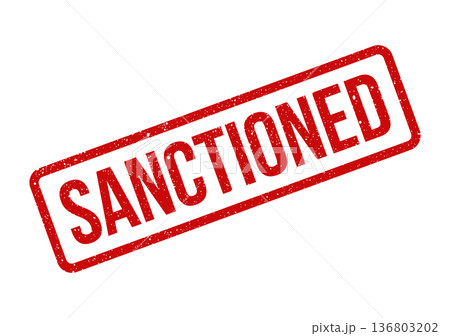 Distressed red rubber stamp displaying SANCTIONED for official authorization or approval status 136803202