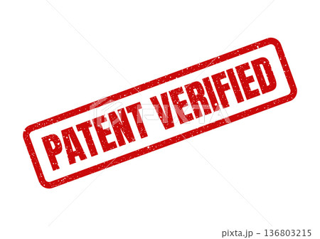 Distressed red rubber stamp displaying the important text PATENT VERIFIED for official documentation approval 136803215