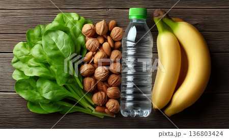 Fresh spinach leaves, mixed nuts, bananas and a plastic water bottle arranged on rustic wooden surface in a healthy food flat lay 136803424