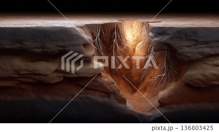 Cross-section of cracked earth layers with exposed roots and glowing orange soil textures in a stylized geological illustration 136803425