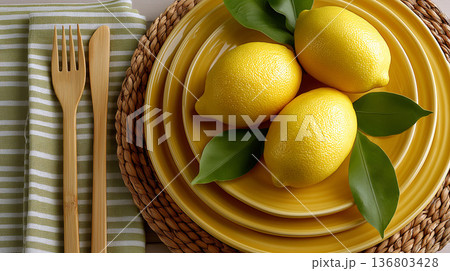 Fresh yellow lemons with green leaves on stacked ceramic plates, styled with natural cutlery and striped napkin for a summer kitchen mood 136803428