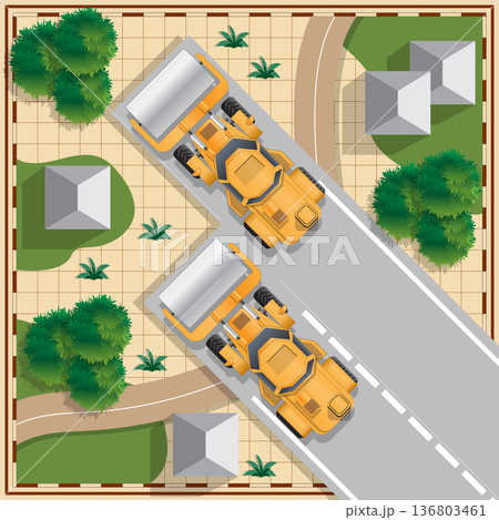 Construction of the road in the countryside. View from above. Vector illustration. 136803461