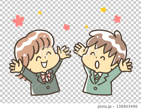 Two students raising their hands in joy Two students raising their hands in joy 136803498