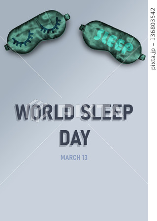 Flat lay composition on light grey background for brochure about world sleeping day. Sleeping masks. 13 march. Vertical Flat lay composition on light grey background for brochure about world sleeping day. Sleeping masks. 13 march. Vertical 136803542