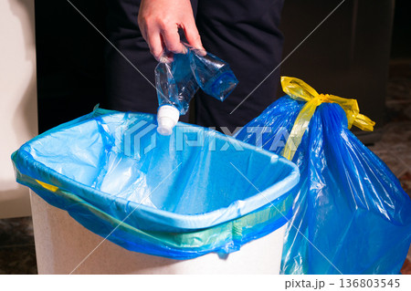 Woman putting used plastic bottle in waste bin, separate waste collection and recycling concept. High quality photo Woman putting used plastic bottle in waste bin, separate waste collection and recycling concept. High quality photo 136803545