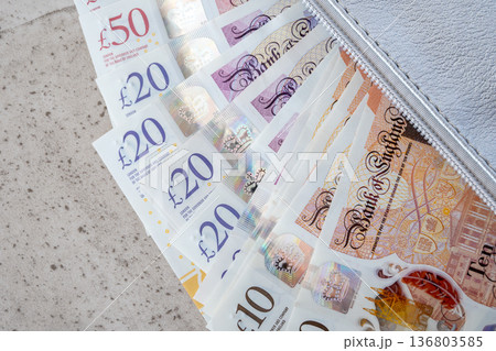 Silver partmone with british pound money. United Kindom bills in leather wallet for commerce concept. Silver partmone with british pound money. United Kindom bills in leather wallet for commerce concept. 136803585