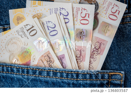 Jeans with british pound money. United Kindom bills in the pants pocket for commerce concept. Jeans with british pound money. United Kindom bills in the pants pocket for commerce concept. 136803587