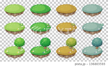 以插圖風格描繪的草原島嶼在春、夏、秋、冬四季的景象 136803593