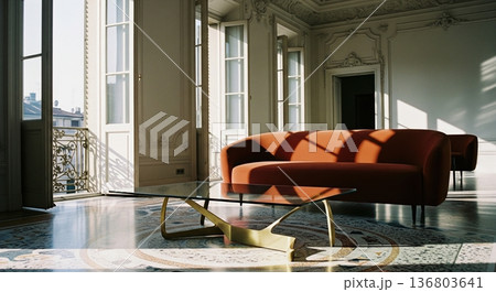Modern red sofa and glass table in classic luxury living room with terrazzo floor and light 136803641
