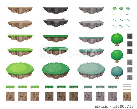 岩と草地の浮島とシームレスな岩肌のブロックのイラスト素材セット 136803715