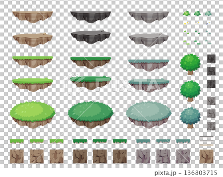 岩と草地の浮島とシームレスな岩肌のブロックのイラスト素材セット 136803715