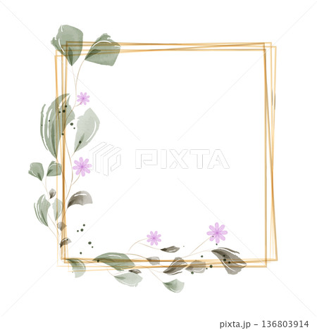Elegant golden lines form a square frame, adorned with soft watercolor green leaves and delicate purple flowers. 136803914