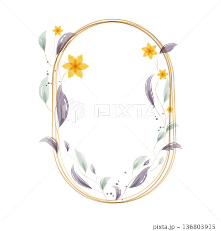 An elegant watercolor illustration features an oval golden frame with charming yellow flowers and flowing purple and green leaves. This decorative element is perfect for invitations or cards. 136803915