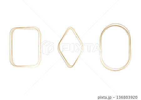 Three abstract watercolor frames feature soft, flowing golden lines. A rounded rectangle, a diamond, and an oval frame appear on a clean white background, offering elegant design elements. 136803920