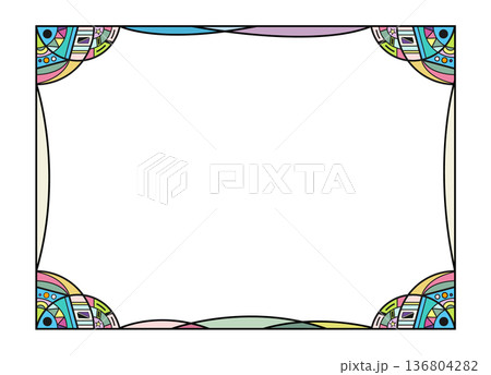 ステンドグラス風のカラフルな装飾フレーム ポップな幾何学模様と曲線ラインの四隅飾り枠 136804282