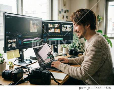 動画編集をしている男性 136804380