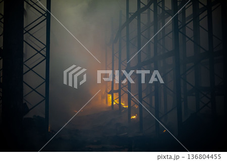 Burnt warehouse. Consequences of the fire. Burnt warehouse. Consequences of the fire. 136804455