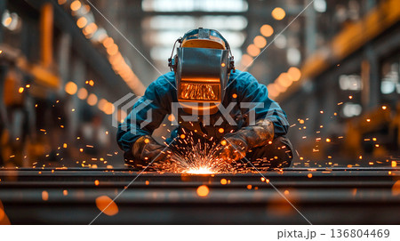 A welder wearing a protective mask, working with metal structures. Bright sparks fly around him. A welder wearing a protective mask, working with metal structures. Bright sparks fly around him. 136804469