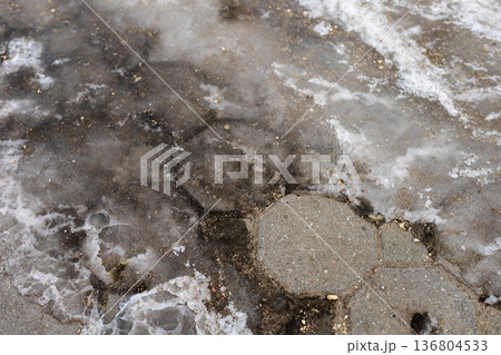 Snowy sidewalk with reflective patches. Icy road surface with drainage and salt residues Snowy sidewalk with reflective patches. Icy road surface with drainage and salt residues 136804533