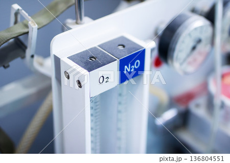 Oxygen and nitrous oxide control unit. Clinicgrade flow panel with precise measurement tools Oxygen and nitrous oxide control unit. Clinicgrade flow panel with precise measurement tools 136804551