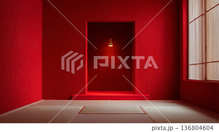 赤い壁と畳が印象的な和風の空間にある静かな床の間の風景 136804604
