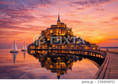 モンサンミッシェル　夕景 136804652