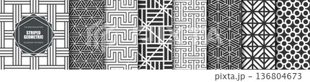 Collection of seamless striped ornamental geometric patterns - classic elegant design. Black and white repeatable decorative backgrounds. Symmetry endless textile monochrome prints 136804673