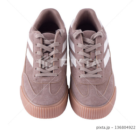 Sneakers isolated on white background. Shoes suede light brown beige cut out 136804922