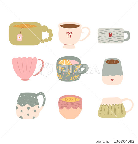Set of various tea cups. Cute different shapes and ornaments. Hand drawn color vector illustration isolated on white background. 136804992