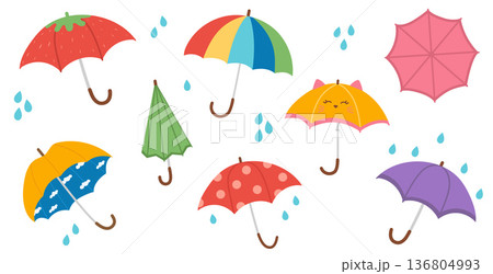 Cute umbrella collection with raindrops. Closed and open vector umbrellas set. Colorful umbrellas, rainy weather, seasonal spring decor. Flat vector illustration isolated on white background. 136804993