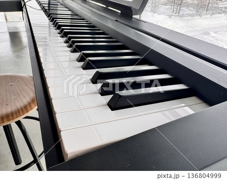A stylish modern synthesizer for musicians is located indoors A stylish modern synthesizer for musicians is located indoors 136804999