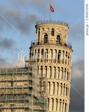 Renowned Leaning Tower Of Pisa Is Currently Being Restored With Scaffolding 136805046