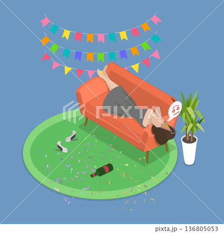 3D Isometric Flat Vector Illustration of After Party, Inebriated Woman Twirls On Couch After Birthday Celebration 136805053