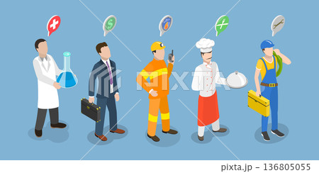 3D Isometric Flat Vector Illustration of Labor Day, Essential Workers Group of Different Occupations 136805055