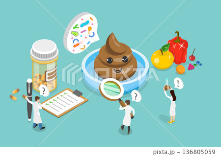 3D Isometric Flat Vector Illustration of Faeces Checkup, Concept Outline For Diagnosing Healthy Poop Through Medical Fecal Microflora Checkup. 136805059