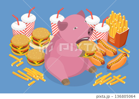 3D Isometric Flat Vector Illustration of Eating Fat Pig, Joyful Chubby Piggy Eating Junk Food With A Smile On Its Face. 3D Isometric Flat Vector Illustration of Eating Fat Pig, Joyful Chubby Piggy Eating Junk Food With A Smile On Its Face. 136805064