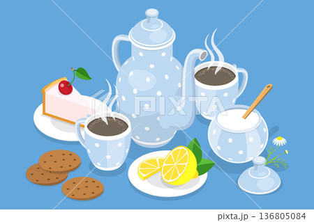 3D Isometric Flat Vector Illustration of Tea Time, Hot Drink, Desserts, And Cookies. 136805084