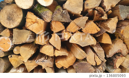 Stacked fresh firewood logs laid in a pile near the house. Prepared fuel for the fireplace. Cuting split wood logs unter the snow. Stacked fresh firewood logs laid in a pile near the house. Prepared fuel for the fireplace. Cuting split wood logs unter the snow. 136805093