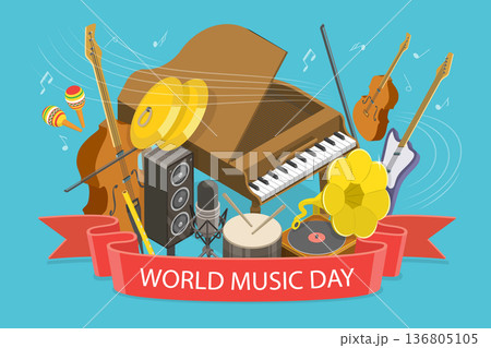 3D Isometric Flat Vector Illustration of World Music Day, Perfect for Poster, Banner, Music Events 136805105